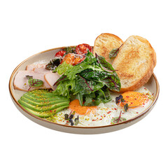 Fried eggs breakfast with salad and avocado