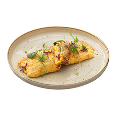 Portion of gourmet omelette with avocado and salmon