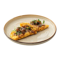 Portion of gourmet omelette with mushrooms and cheese