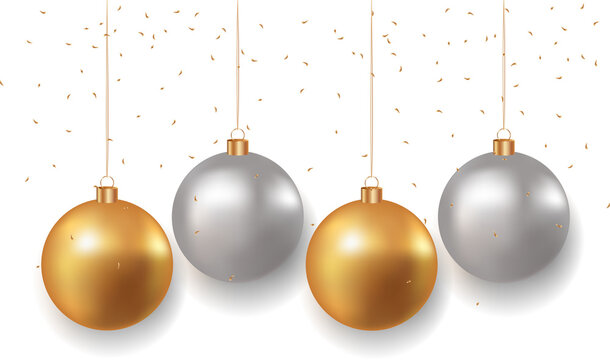 Christmas golden and silver balls and falling confetti on transparent background. Golden realistic Christmas toys. Luxurious hanging trinkets with ribbon. Festive glitter design elements. PNG image
