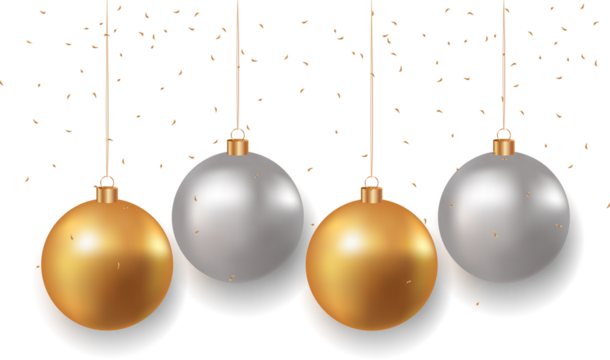 Christmas golden and silver balls and falling confetti on transparent background. Golden realistic Christmas toys. Luxurious hanging trinkets with ribbon. Festive glitter design elements. PNG image