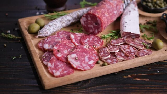 Sliced Traditional fuet salami sausage on wooden cutting board at domestic kitchen