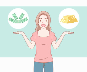 smiling long hair woman wearing t shirt she raised and open hand palm showing money and gold. girl looked excited and surprised. hand drawn with thin lines style.