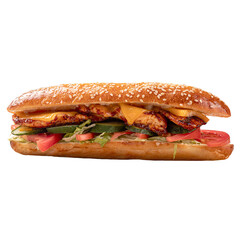 Chicken baguette sanwich with vegetables on cutting board