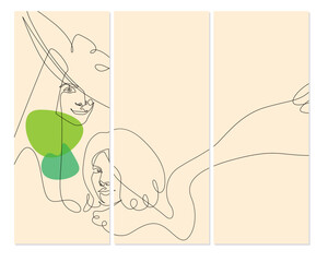 fashion portrait of a girl in a hat and a girl in a scarf, drawn in one line.traced vector isolated image.handmade work. panel of three paintings on the wall, triptych
