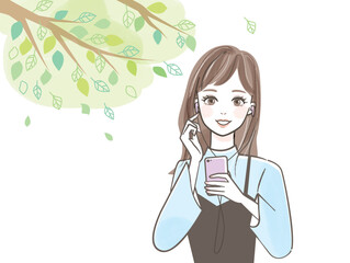 スマホで音楽を聴く若い女性のイラスト素材