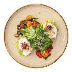 Portion of gourmet avocado toast with poached egg