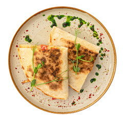 Portion of gourmet appetizer quesadilla with chicken