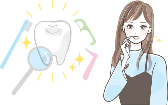 きれいな歯の女性と歯科予防のイメージイラスト素材