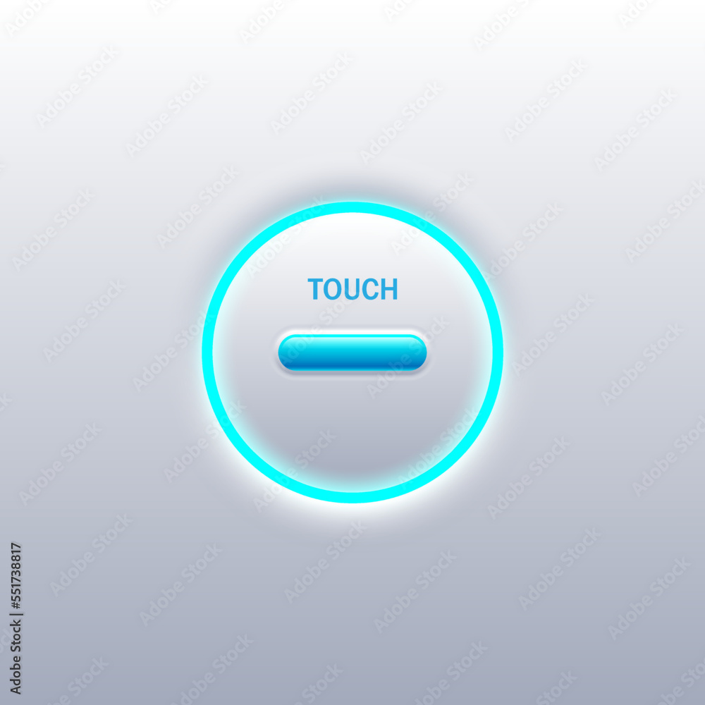 Poster push button switch minimal clean white with a blue glow ring on a gradient background.