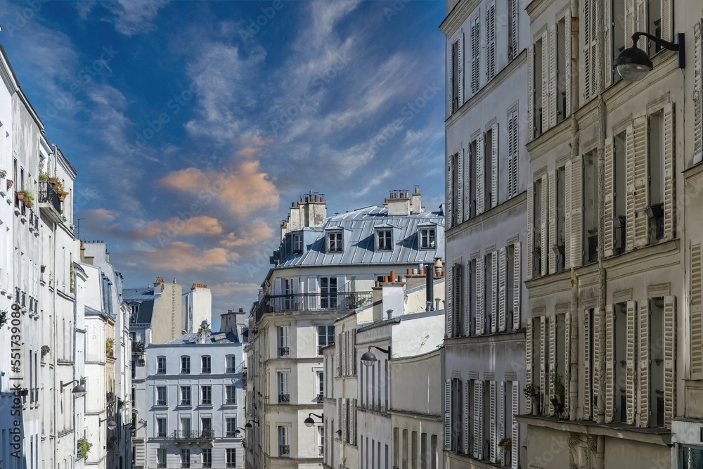 Wall mural Paris, houses and street, typical buildings in Montmartre
