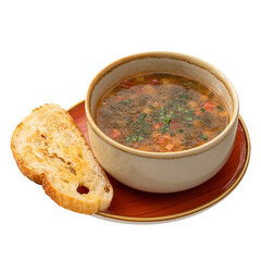 Portion of sorrel soup with grilled veal and toasted bread