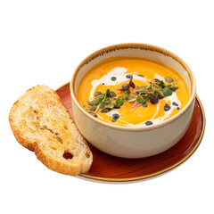 Portion of gourmet pumpkin soup puree with cream