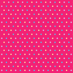 Simple Ditsy floral pattern of small colorful flowers isolated on a bright pink background Flat lay design