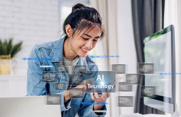 Portrait of beauy asian woman use digital smartphone with business future Ai technology link internet connection network bigdata wireless Artificial Intelligence internet.Ai and technology
