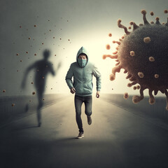 Person wearing mask, COVID-19 Virus surrounding them