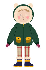 Little boy in warm winter clothes on white background