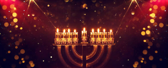 Fototapeta na wymiar Image of jewish holiday Hanukkah with menorah (traditional candelabra) and candles
