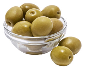 green olives in wooden bowl isolated