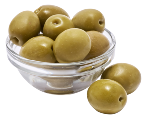 green olives in wooden bowl isolated