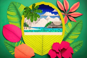 Fototapeta na wymiar Tropical island paper cutout collage with framing flowers and palm leaf arrangement depicting exotic beach vacation huts surrounded by ocean waves.