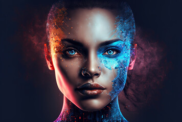 Instagram social media marketing using cyborg, futuristic holograms in the form of a face. Generative AI