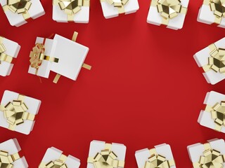 3d render of opening and closing white present boxes on red texture background, top view, copy space