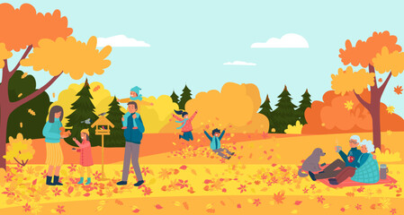 Cheerful people together healthy walk in autumn city park, resting lifestyle stroll orange tree garden flat vector illustration, funny time spend.