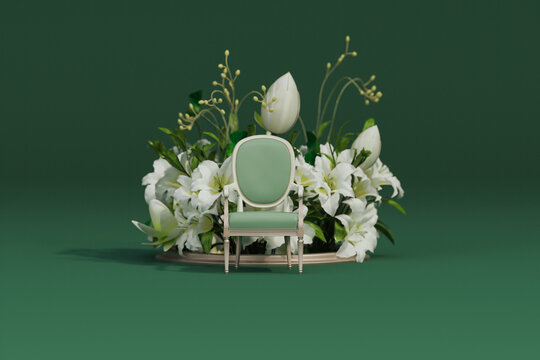 green armchair with white lotus and white lily flowers on pastel green background. Advertisement idea. Creative composition. 3d render, social media and sale concept	
