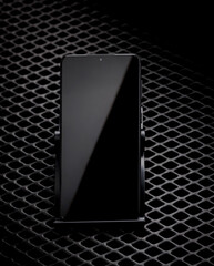 Smartphone with black screen off on black background.