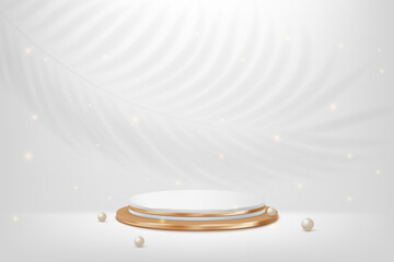3d product display podium platform. 3d realistic white and gold cylinder pedestal podium. The stage for the showcase. Minimal wall scene for mockup product display. 3d podium vector illustration.