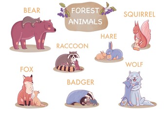 A set with forest animals. Fox, bear, hare, wolf, raccoon, badger.