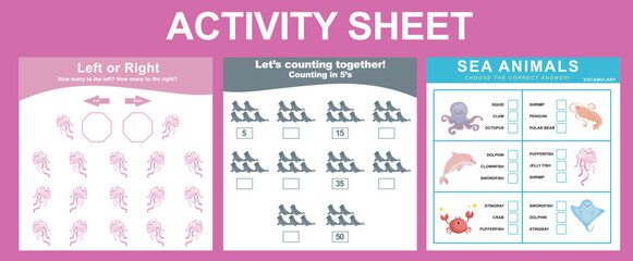 Educational printable worksheet. Activity sheet for children with sea animal theme. Counting, left or right and vocabulary worksheet. Vector illustrations.