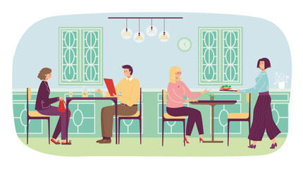 People character together dinner in restaurant, lovely couple romantic date, female lunchtime flat vector illustration, isolated on white.