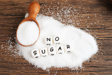 No sugar, sweet granulated sugar with text, diabetes prevention, diet and weight loss for good...