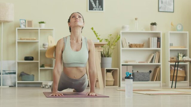 Young Caucasian woman in tight activewear doing upward facing dog pose while practicing yoga asanas on mat at home