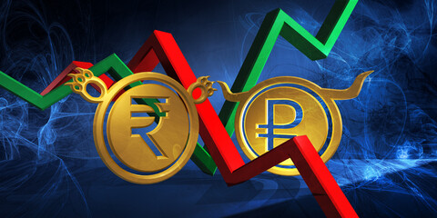 bullish rur to bearish inr currency. foreign exchange market 3d illustration of russian ruble to indian rupee. money represented  as golden coins