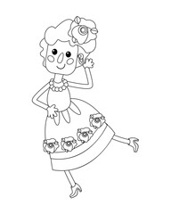 Cute flamenco dancer. Character for postcards, books, posters. Black and white outline. Vector illustration. isolated icon for design. 