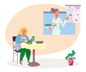 Woman eat healthy food, female character follow personal diet plan, online doctor nutritionist flat vector illustration, isolated on white.