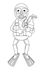 Cute diver with flippers and oxygen tank. Hobbies and sports. Character for postcards, books, posters. Black and white outline. Vector illustration. isolated icon for design. 