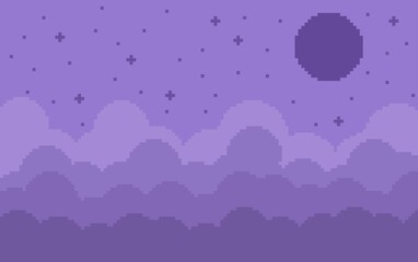 Pixel art of purple sky with stars, moon and clouds, can be used for wallpaper or background.	
