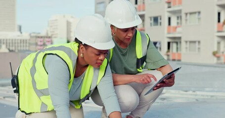 Teamwork, planning and solar panels with women and blueprint for renewable energy, engineering and sustainability. Roof, building and electricity with construction worker and tablet for checklist