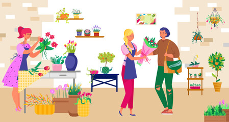 Customer male character purchase bouquet flower, plant shop florist and gardener work flat vector illustration, organic retail store.
