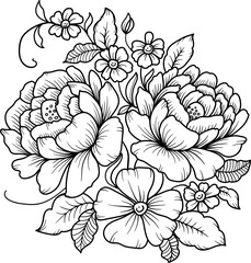 Blooming Rose, peony line art illustration. Hand drawn illustration. This art is perfect for invitation cards, autumn and summer decor, greeting cards, posters, scrapbooking, print, wallpaper.