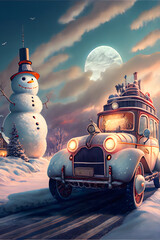 Obraz premium snowman and a vintage car in the snow
