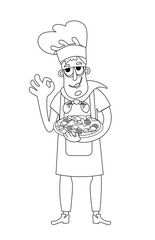 Cute pizzaiolo chef with pizza. Character for postcards, books, posters. Black and white outline. Vector illustration. isolated icon for design. 