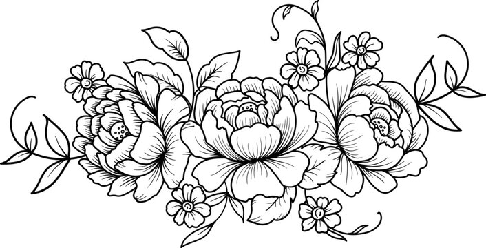 Blooming Rose, peony line art illustration. Hand drawn illustration. This art is perfect for invitation cards, autumn and summer decor, greeting cards, posters, scrapbooking, print, wallpaper.