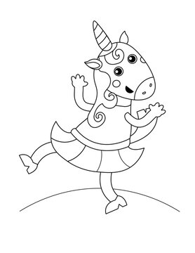 Cute unicorn girl in skirt. Black and white outline. Vector illustration. Icon on isolated background for design.