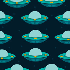 seamless pattern with flying saucer, UFO on dark background with stars.