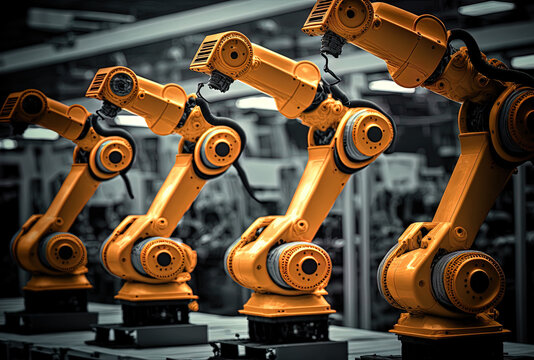Robotic arms and cybernated industry robots for assembly in manufacturing. Generative AI